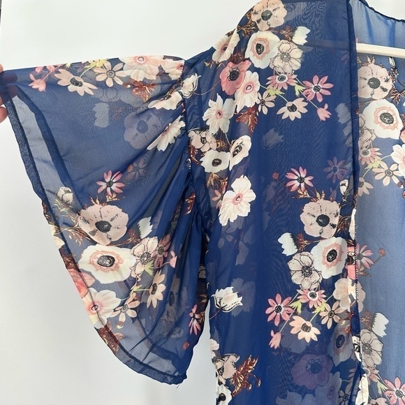 RIKKA The Cherry Blossom Kimono Navy Floral Open Front Women’s Sheer One Size - Picture 3 of 9